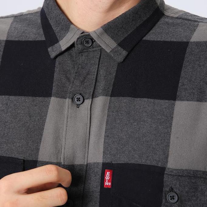 EDWIN JEANS - BASTIEN BLACK GREY Kemeja Flanel Lengan Panjang Pria Casual Motif Kancing Top Man Shir