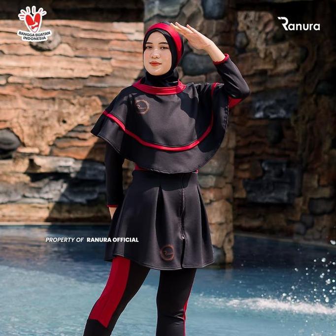 Baju Renang Pelampung Wanita Muslimah Ranura Proswim Hijab Dewasa Panjang Syari Black Maroon Alat Te