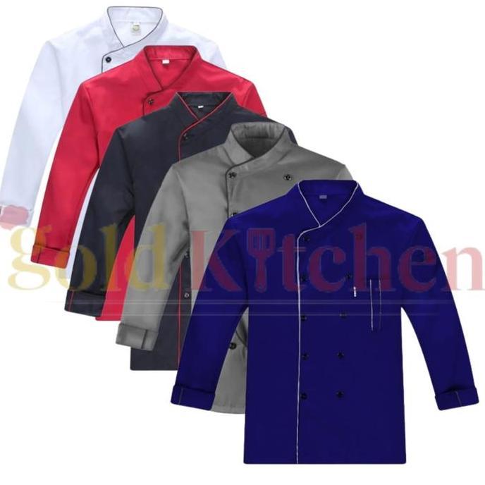 Baju Chef Baju Koki Chef Jacket Lengan Panjang Pria Wanita Warna Hitam Putih Merah Abu Navy Seragam 