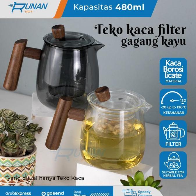 Teko Teh Kaca Infuser Tahan Panas Gagang Kayu Teko Saringan Teh Promo