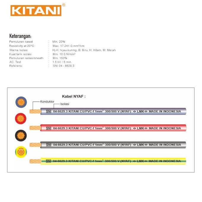 TERMURAH - KITANI - NYAF 1.5 mm - 100 Meter Kabel Listrik Tembaga Serabut