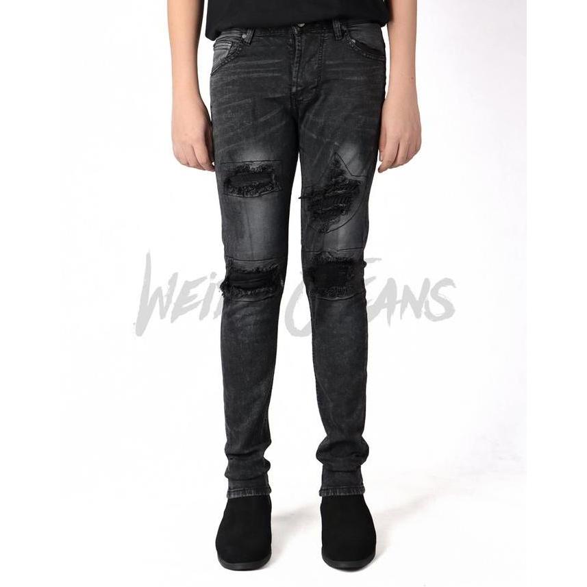 Larisyaa- Weird Jeans - Austin Black - Celana Jeans Pria Slimfit Strech Ripped Tambal Denim Nyaman S