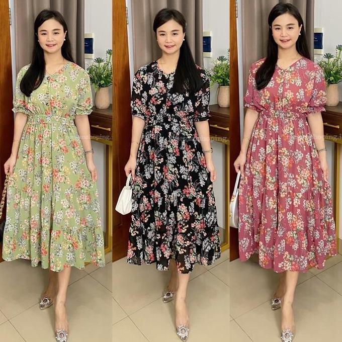 DI124 - Heira Dress Floral Dress Lengan Balon Kancing Hidup Ceruty Fashion Wanita