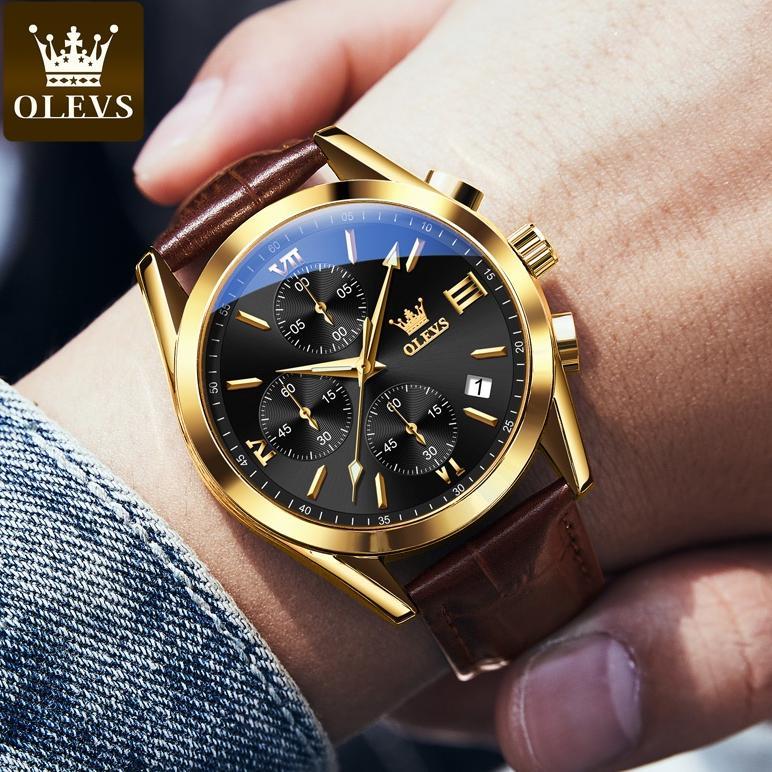 DISKON OLEVS JAM TANGAN PRIA ANTI AIR ORIGINAL KULIT ASLI LED BISNIS MULTI-FUNGSI OTOMATIS TANGGAL C