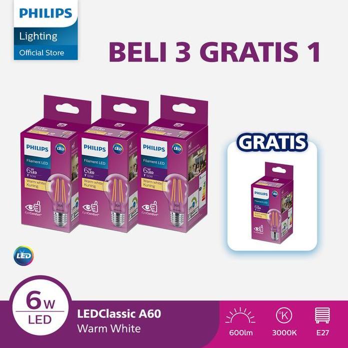 Paket Lampu Philips Beli 3 Dapat 4  Lampu Philips Filament Bohlam LED 6W A60 E27 Kuning