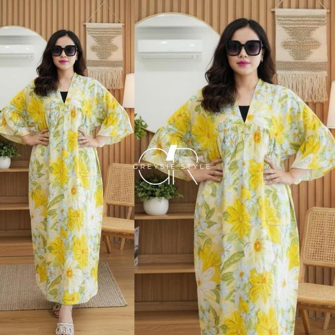 Daster Dress Terbaru Motif Rayon Premium Lengan Lonceng Dress V Neck Resleting Busui 2025