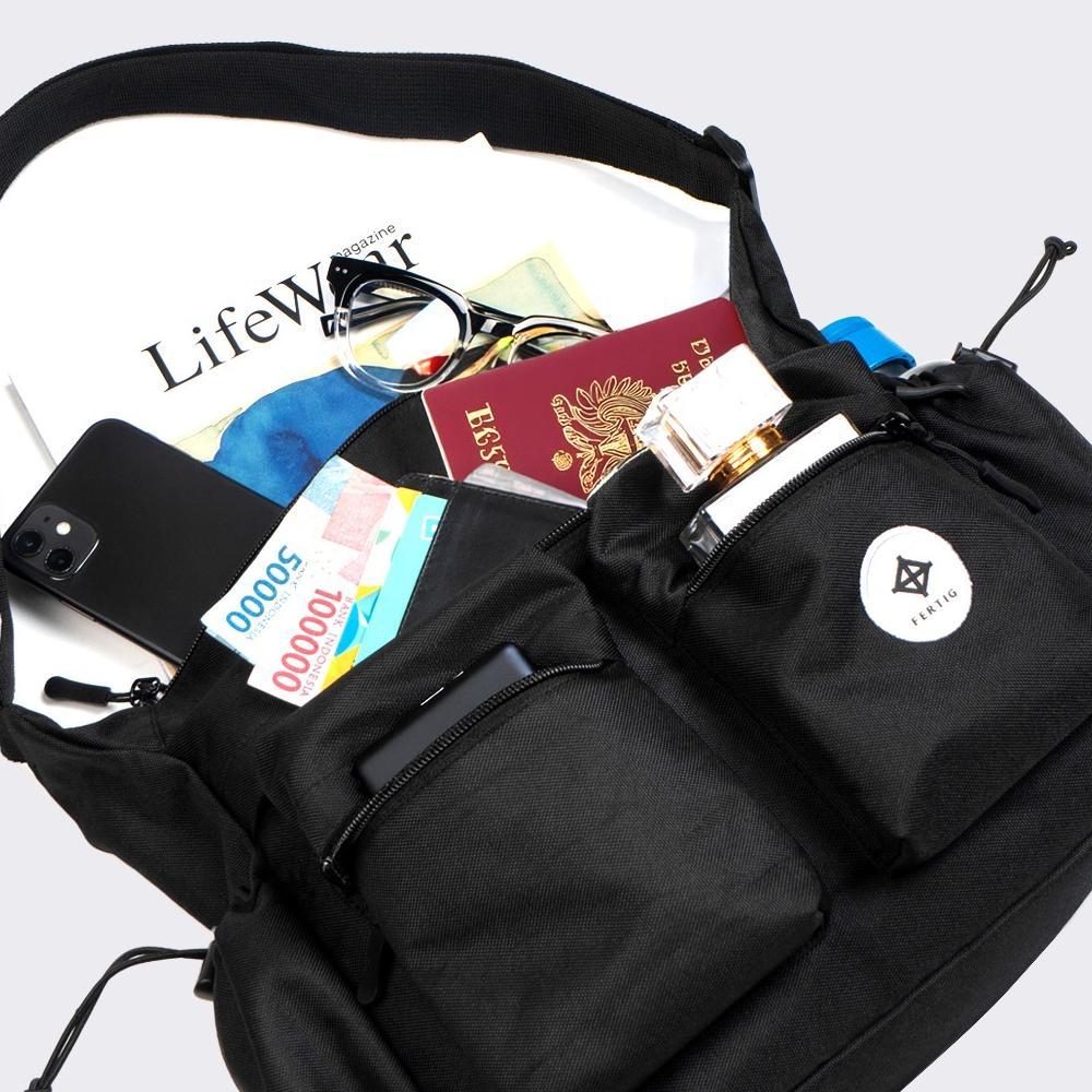 PROMO Fertig - Hilly Black Sling Bag - Tas Selempang Hitam Multi Pocket Pria Muat Banyak Kompartemen