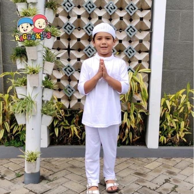 Koko anak Putih Setelan Celana Raggakids KR02 free Peci - setelan koko anak putih manasik haji - Ser