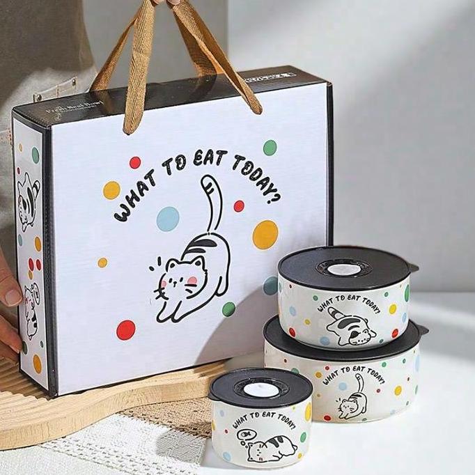 Three Piece Set Sealed Bowl Instant Noodle Bowl Set Gift Microwave / 3 Pcs Set Mangkok Tutup Seal Gi