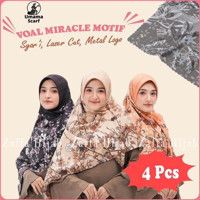 Dapat 4 pcs Voal Miracle Print Syar'I Laser Cut Metal Logo by Umama Scarf / Hijab Segi Empat Motif S
