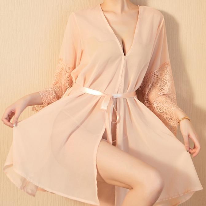 HOT DEALS Baju Tidur Sexy  Kimono Tidur Lengan Panjang Renda Tali Sexy Kemeja Tidur Wanita Nyaman Ha