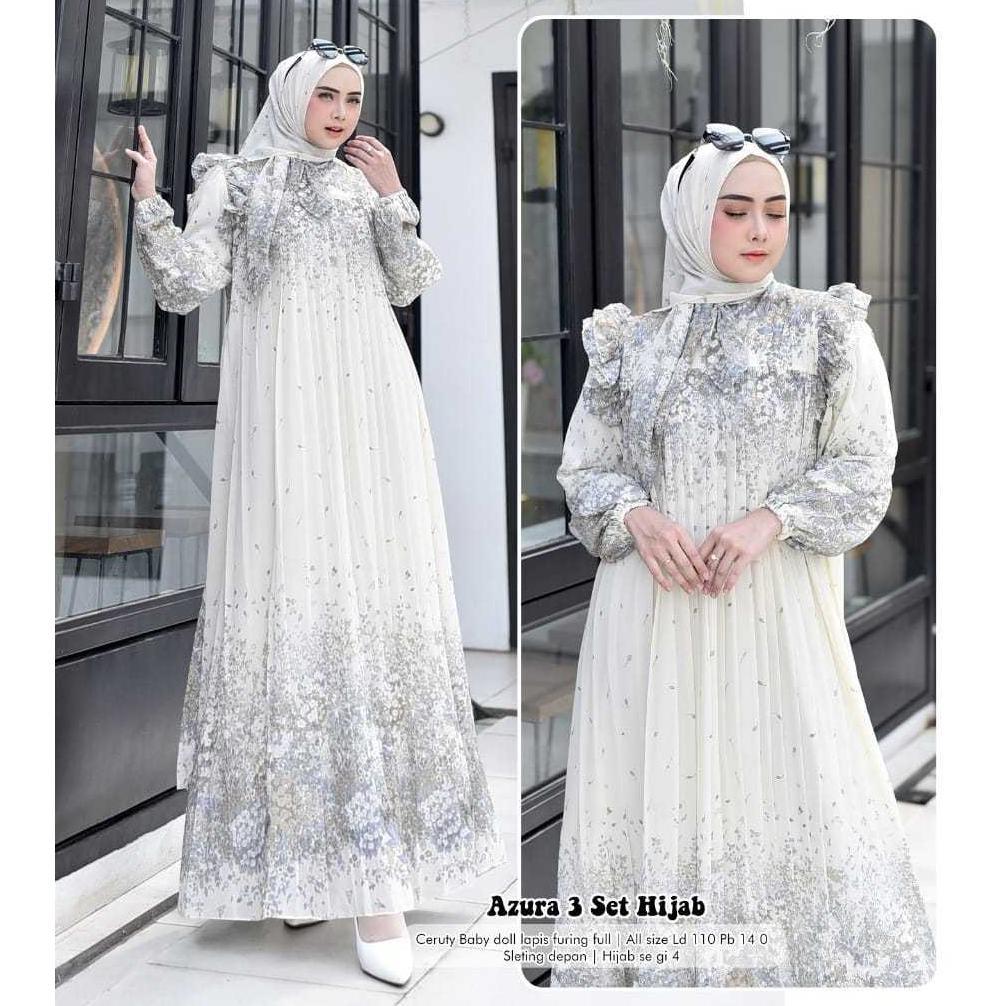 Favorit Azura 3 Set Hijab Segi4 / Gamis Dress Plisket / Gamis Wanita Kekinian / Terbaru