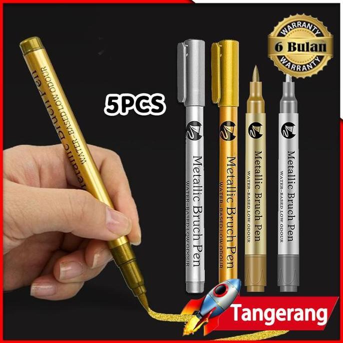 FARMUKE 5pcs Spidol Emas Dan Silver Pulpen Tinta Emas Perak Marker Gold Silver