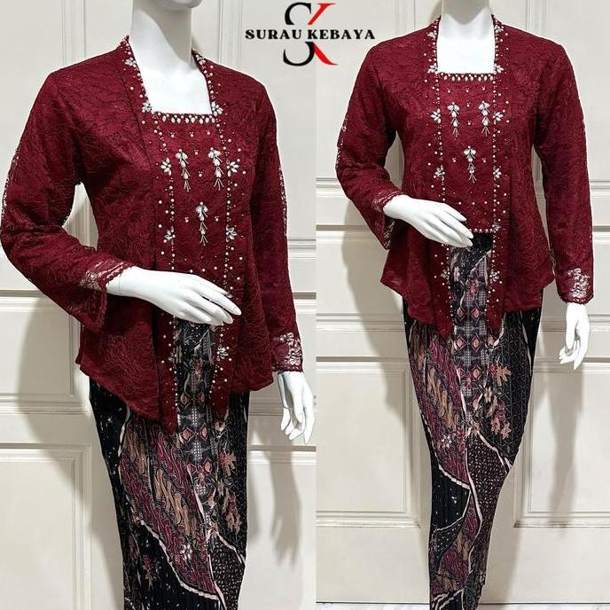 DV306 - Setelan Kebaya Kutubaru Brokat Kombinasi Payet Dengan Bawahan Rok Plisket Batik / Set Wisuda