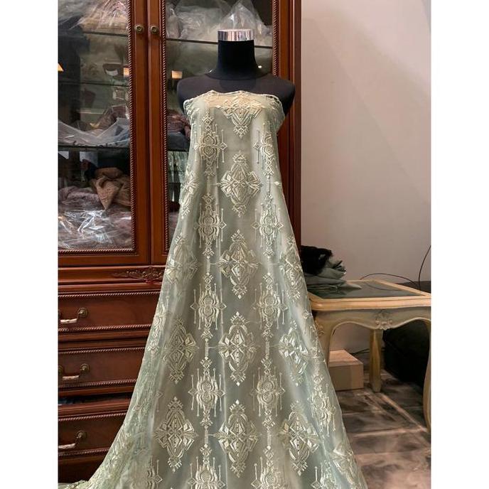 DS358 >> 1/2 Meter Bahan Kain Brokat Brukat Tile Bordir Etnik Mewah Diamond Series Warna Hijau Sage 