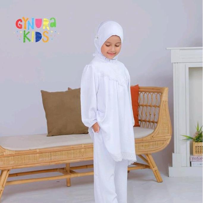 Setelan putih anak perempuan | baju manasik putih | baju muslim setelan tunik putih anak by Gynuraki