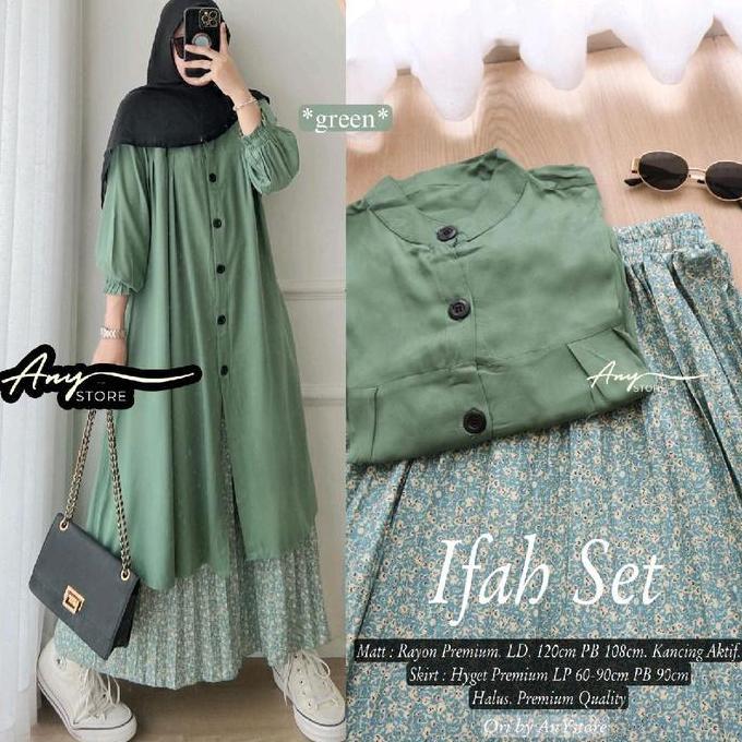 ifah one set tunik dan rok by A.N.Y store long tunik rayon rok plisket motif bunga skirt plisket flo
