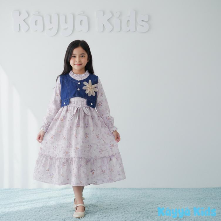 Awet Gamis Anak Perempuan Set Rompi Jeans Elora Kayya Kids | Dress Motif Bunga Lengan Panjang 3-12 T