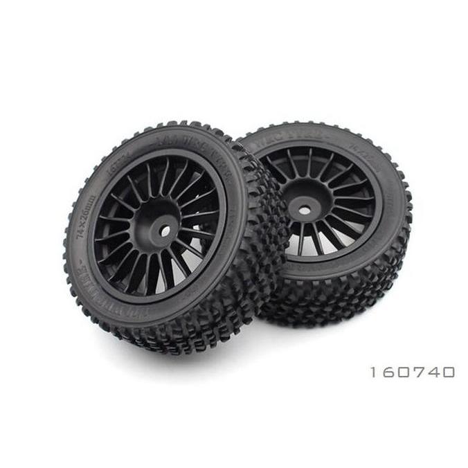 BRC 1/10 RALLY BLACK FRONT TYRE AND RIM (PREGLUED) 75X26MM (2)