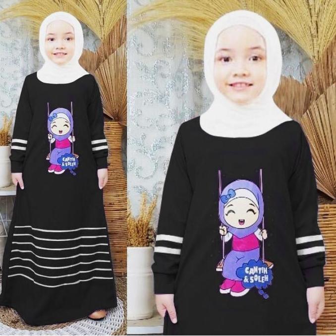 Gamis Anak Cantik & Soleha 2-12 Tahun Gambar Karakter Sablon Bahan Voxy Melar Balita Batita Murah Ki
