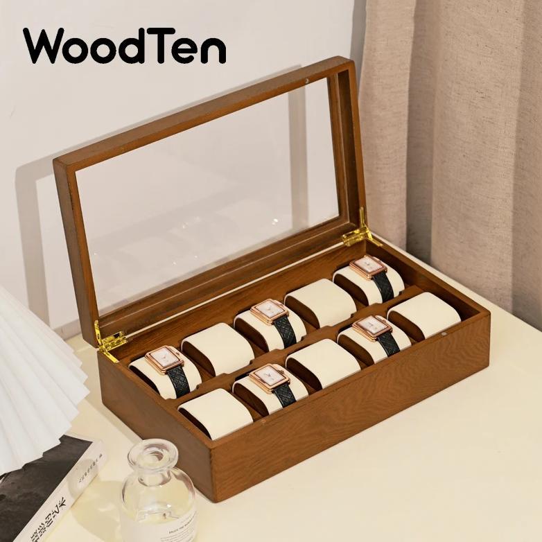 WoodTen 10 Grids Solid Wood Watch Box Watch Holder Storage Case Wrist Watch Display Box For Man Wome