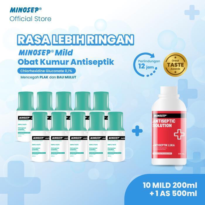 Minosep Hijau Obat Kumur Antiseptik 150ml 10 botol + Bonus 1 botol Minosep Antiseptic Solution 500ml