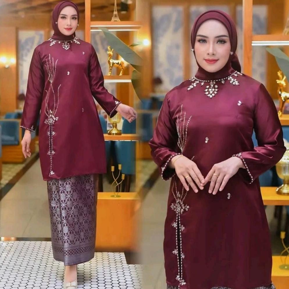 (FREE HIJAB) REALPICT SET KEBAYA KURUNG MELAYU BELAH SAMPING~BAJU KEBAYA BAHAN SATIN SHIMER~KEBAYA K
