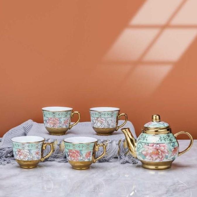 MARKVUN Teko Cangkir Keramik Set 4 Cups 1 Pot Tea Set Motif Bunga Eropa