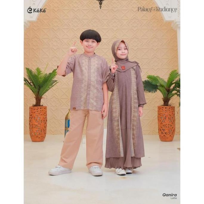 Set Sarimbit Keluarga Qanira Series Latte Gamis Ibu Anak Dan Koko Ayah Lebaran 2026 Keke Busana