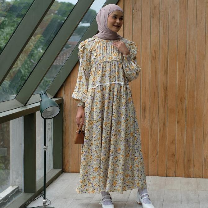 Eclemix Dress Euna | Baju Wanita Vintage Motif Bunga | Gamis Wanita Lengan Kerut