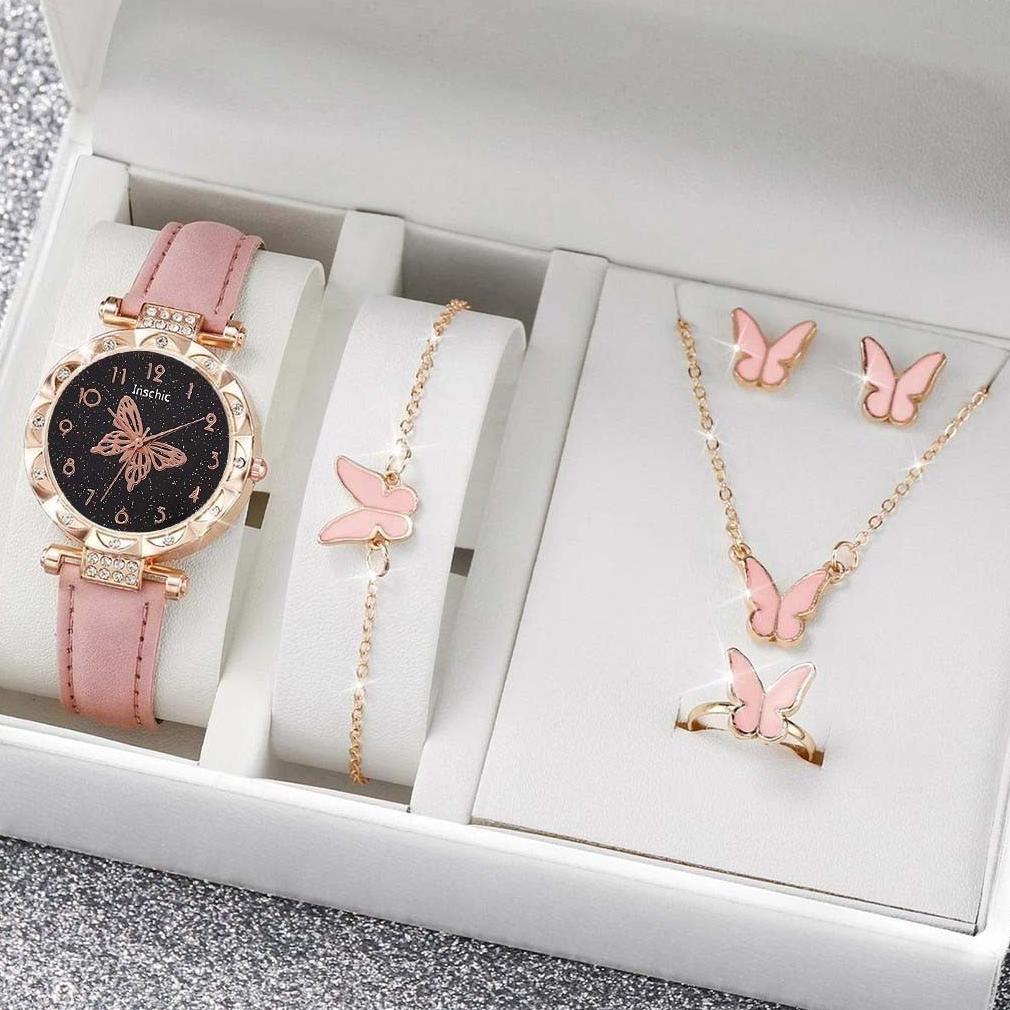 BESTPROMO 5PCS Jam Tangan Kuarsa Wanita Bergaya Berlian Berlian Kupu-kupu Dial PU Tali Kulit Jam Tan