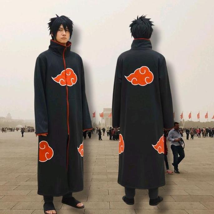 Jubah cosplay naruto Akatsuki Panjang Pria Hitam Zipper Dewasa dan anak