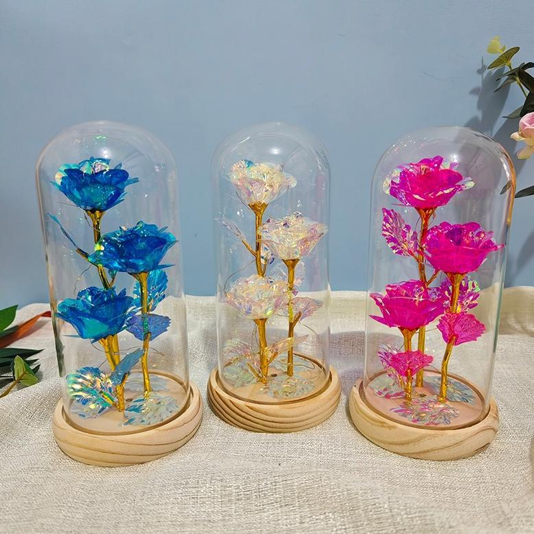Bunga Mawar Akrilik Box Led Lampu Beauty And The Beast 3 Rose Gift Valentine Mawar Light Hadiah Orig