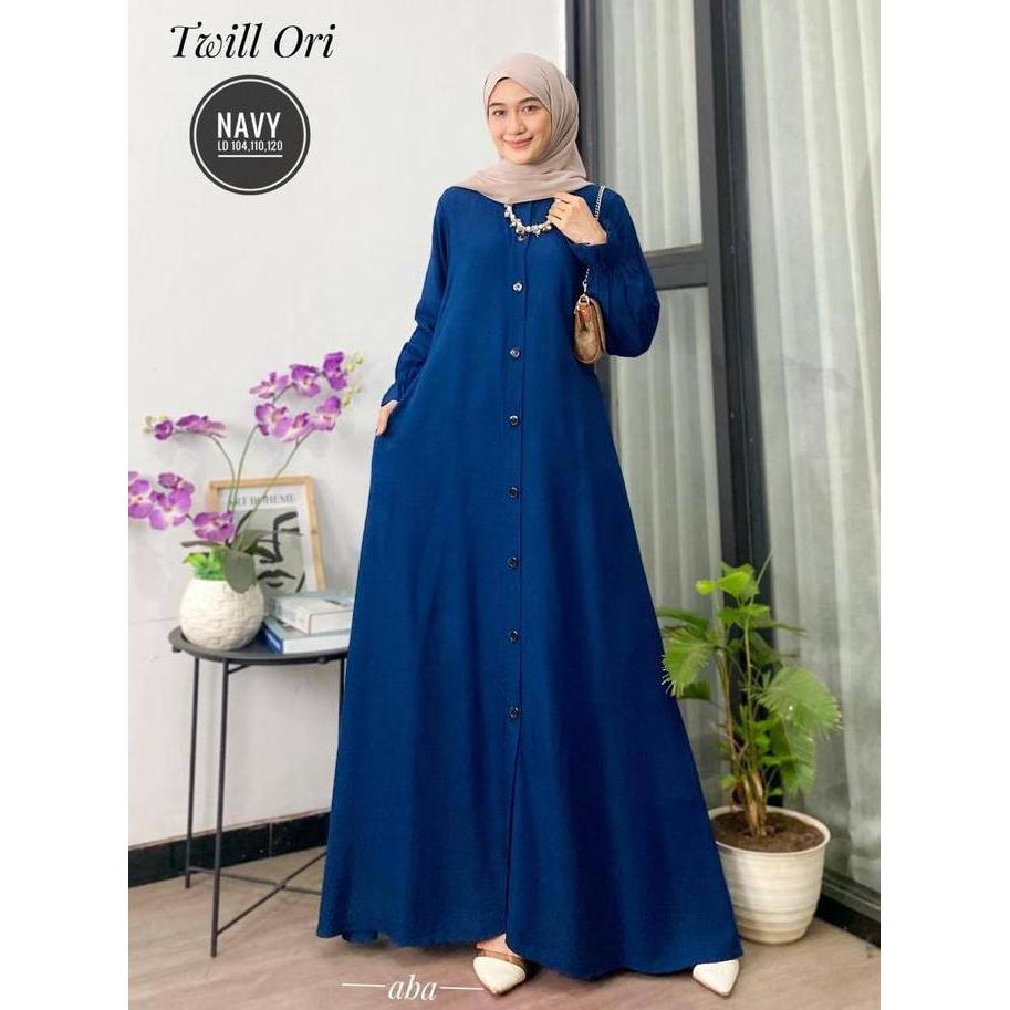 gamis polos twil ori dress panjang busui tali samping Muslim Twill Kancing Cantik Karet Wudhu Kain L