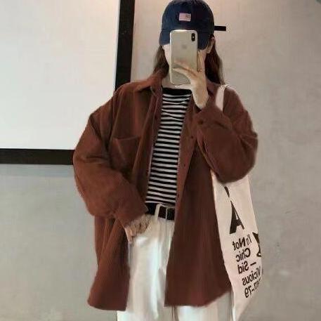 DV98 >> Kemeja Korduroi Wanita 8 Warna Pelajar Longgar Kasual Mantel Trendi Korea Panjang Biru Kerah