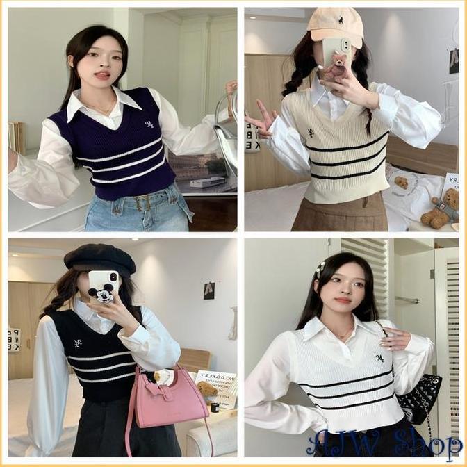 DF324 - [XCE] Atasan Wanita Crop Top V-Neck Kerah Polo | Baju Atasan Wanita Terbaru Rompi Knit Vest 