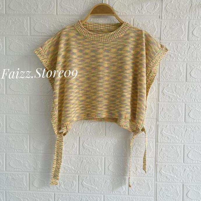 DF297 >> MIDA VEST CROP RAJUT TALI SAMPING WARNA ANGKASA WANITA Motif Panjang