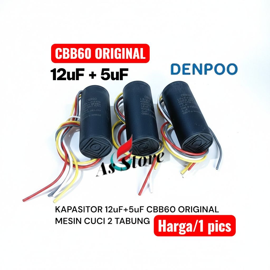 Kapasitor 12uF+5uF CBB60 ORIGINAL/Kapasitor Mesin cuci Denpoo 2 Tabung/Capacitor