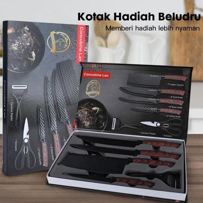juraganresidelapan - bilikot pisau  baja  dapur hitam set 6in1 high quality stainless steel multifun