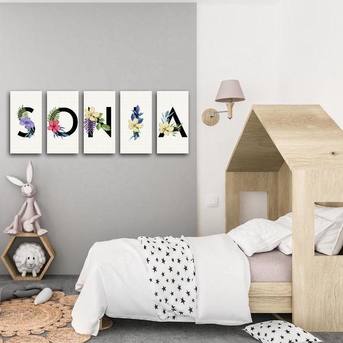Hiasan Dinding  Scrabel Nama Abjad Alfabet (10X20) Nuansa Abstrak Boho Flower Cantik Minimalis Hiasa