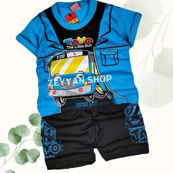 BL62 >> Setelan Anak Laki-Laki Usia 1-10 Tahun Motif Tayo/Baju Anak Motif Tayo Set Topi Kids Katun A