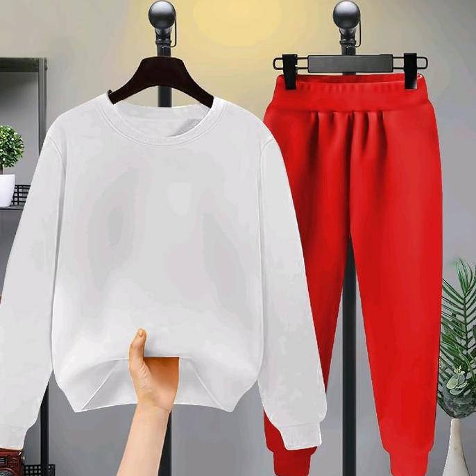 AV14 }} SETELAN anak Panjang Joger Polos Merah Putih baju murah , Baju Olahraga anak sekolah Fashion