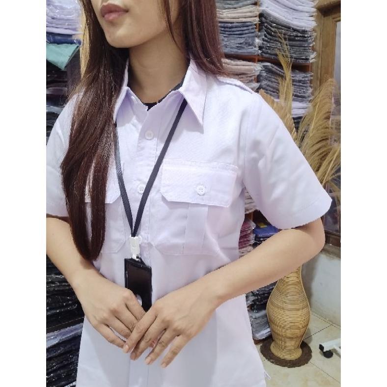 UPFRADE STYLE  Baju pdh putih wanita slimfit lengan pendek kerah hitam free nama UPFRADE STYLE 