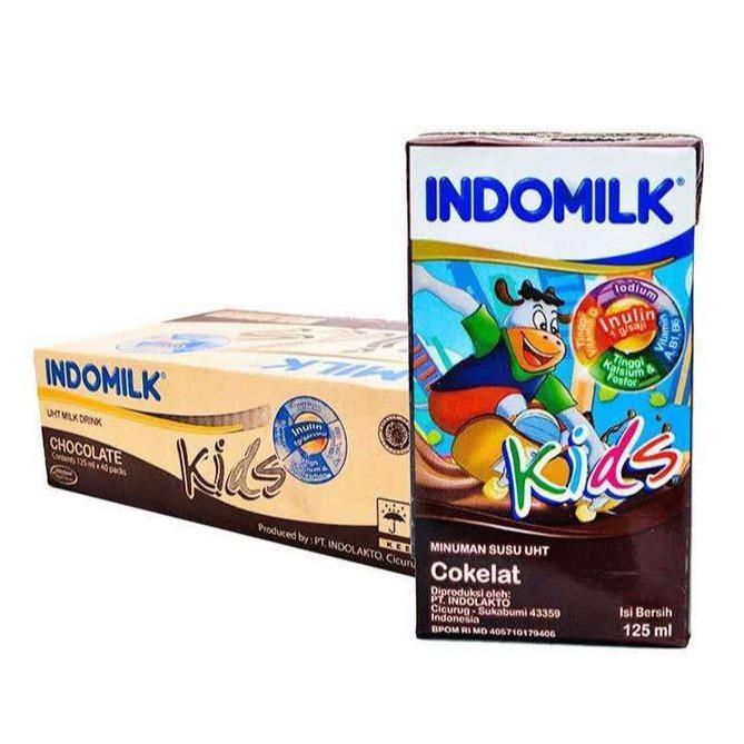 Susu Indomilk Kids susu uht rasa coklat, vanilla, dan strawberry per dus ( 40 pcs x 115 ml )