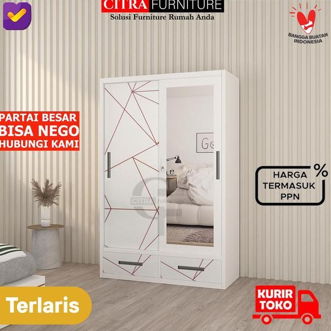 Lemari Pakaian Besi 2 Pintu Sliding Jumbo Minimalis | Wardrobe Steel