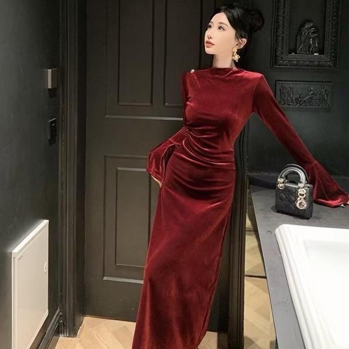 AI170 >> Dress Bludru Bodycon Lengan Panjang Model Terompet Dress Mewah Elegant Korean Style - G040