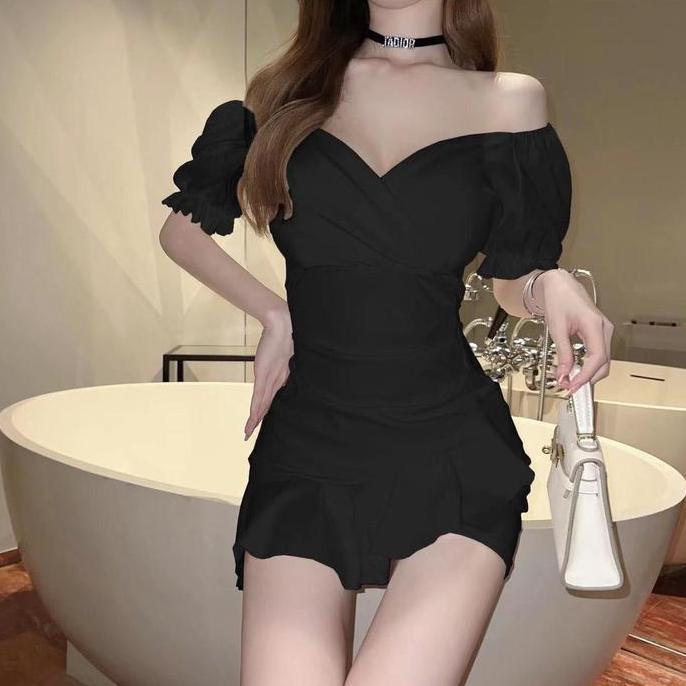 MD48 }} DRESS COHAN DR116 BAJU WANITA  KOREAN SEXY WRAP HITAM SEXY SLIM BODY DRESS ELEGANT KOREAN DR