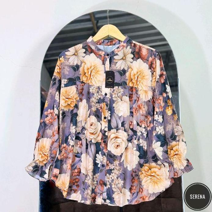 Sania Alisa Blues Kemeja Wanita Rayon Motif Bunga Elegan Dan Nyaman Untuk Tampilan Harian Pasti Disk