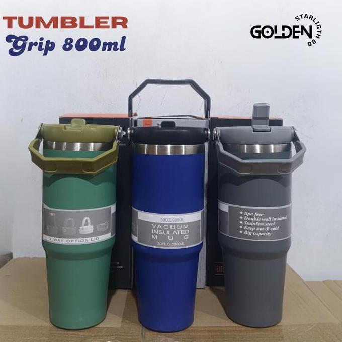 Saveme- Tumbler Tyeso Handle Vacuum Insulated 890Ml Sus 304 Dengan Sedotan & Pegangan Tahan Lama Ant