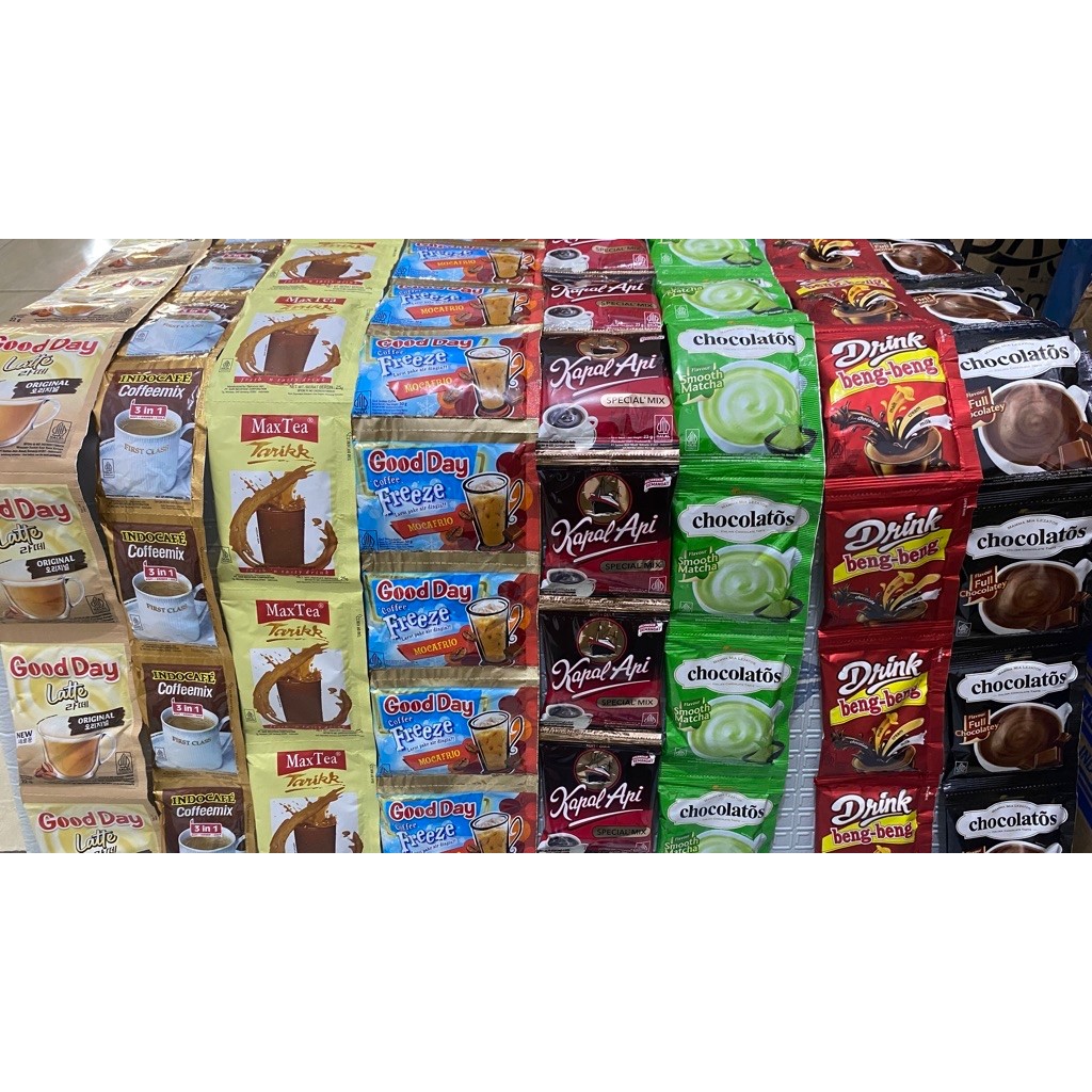 Kopi Kapal Api,INDOCAFFE Koffeemix,GoodDay Freeze,GoodDay Mocacino,GoodDay Latte ori,Chocolatos matc